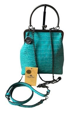 Patricia Nash Laureana Leather Kiss-Lock Frame Satchel Aqua Croc Embossed NWT